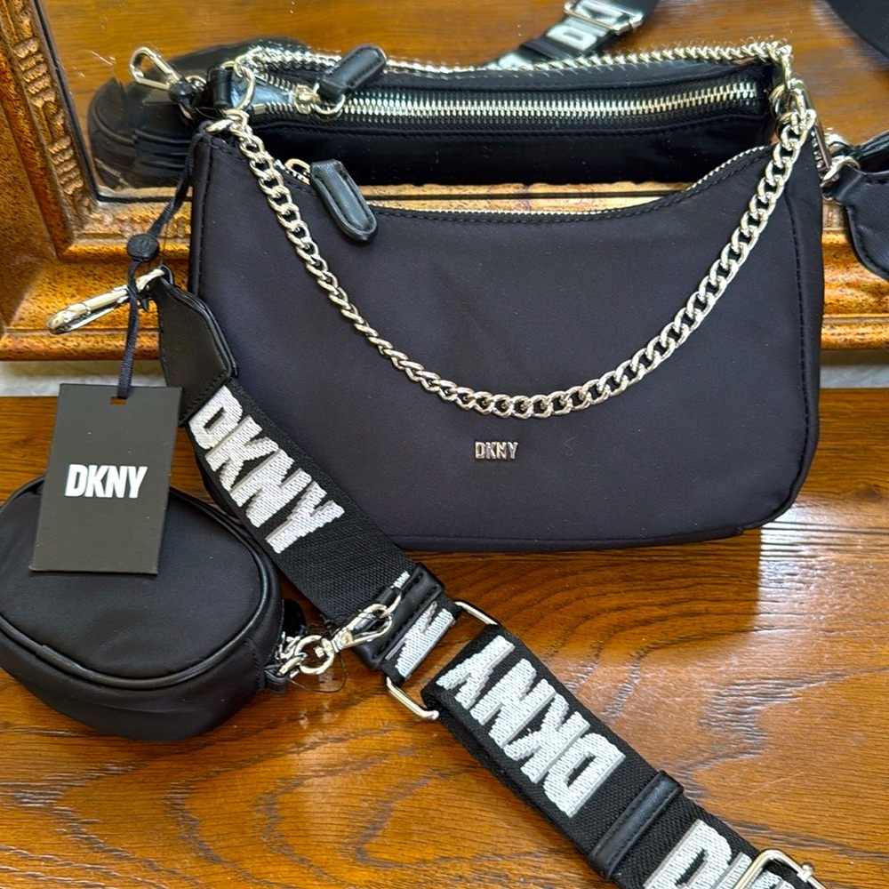 DKNY Black Crossbody Bag. Includes chain handle or logo strap. W/Accessory purse